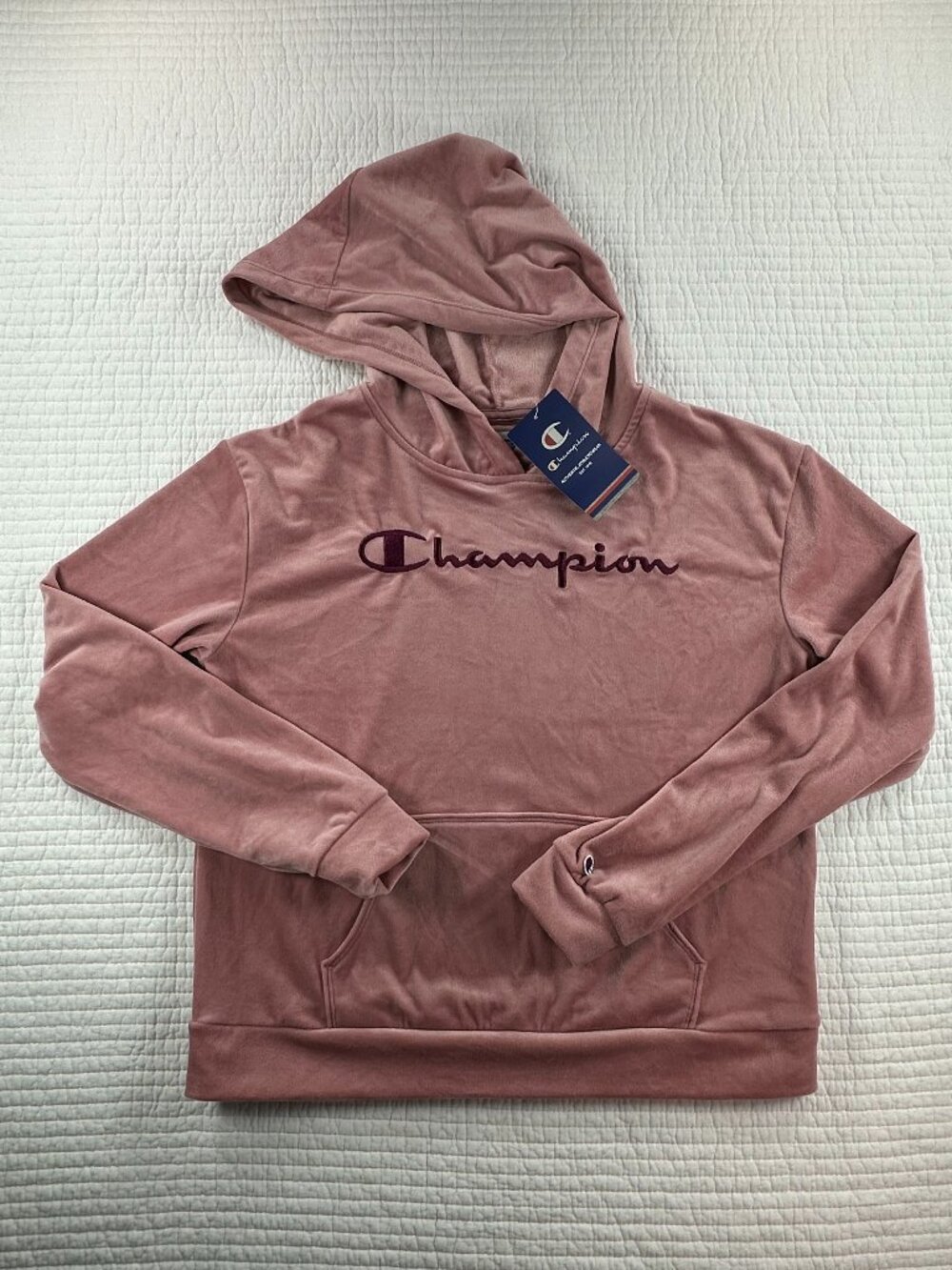Champion Velour Hoodie Pink Blush Pullover Logo Hoodie Sweatshirt Women Sz S NWT